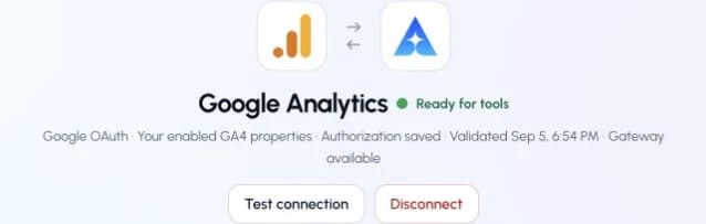 The actual Google Analytics connection page in ApexGenius, showing its saved connection status.