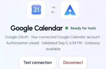 The actual Google Calendar connection page in ApexGenius, showing its saved connection status.