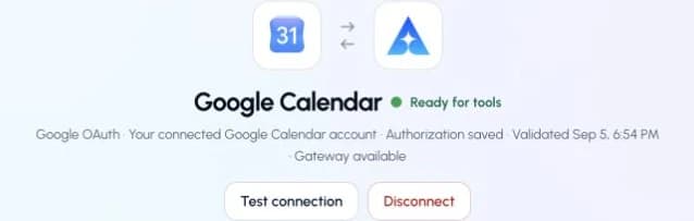 The actual Google Calendar connection page in ApexGenius, showing its saved connection status.