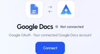 The actual Google Docs connection page in ApexGenius, showing the Connect control.