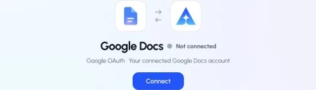 The actual Google Docs connection page in ApexGenius, showing the Connect control.