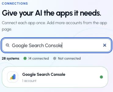 ApexGenius Connections filtered to Google Search Console, showing its current Google logo.