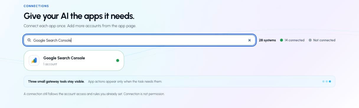 ApexGenius Connections filtered to Google Search Console, showing its current Google logo.