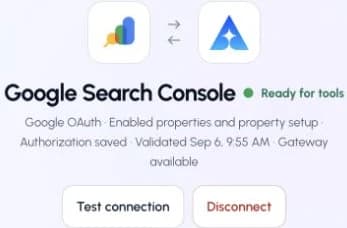 The actual Google Search Console connection page in ApexGenius, showing its saved connection status.