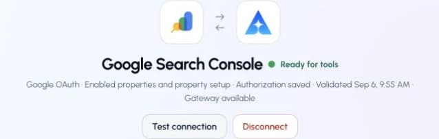 The actual Google Search Console connection page in ApexGenius, showing its saved connection status.