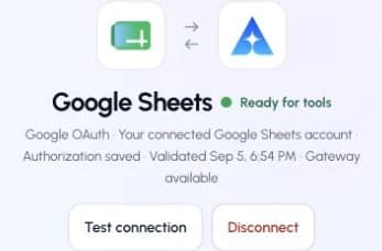 The actual Google Sheets connection page in ApexGenius, showing its saved connection status.