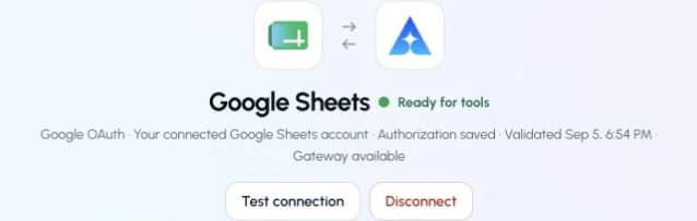 The actual Google Sheets connection page in ApexGenius, showing its saved connection status.