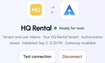 The actual HQ Rental connection page in ApexGenius, showing its saved connection status.