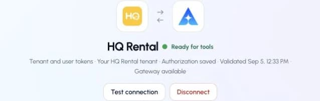 The actual HQ Rental connection page in ApexGenius, showing its saved connection status.