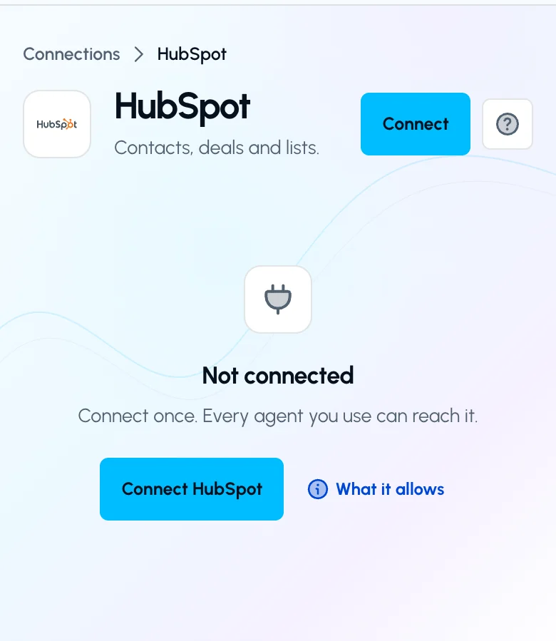 The HubSpot page in ApexGenius before you connect, with the Connect button in the header and the Not connected empty state.