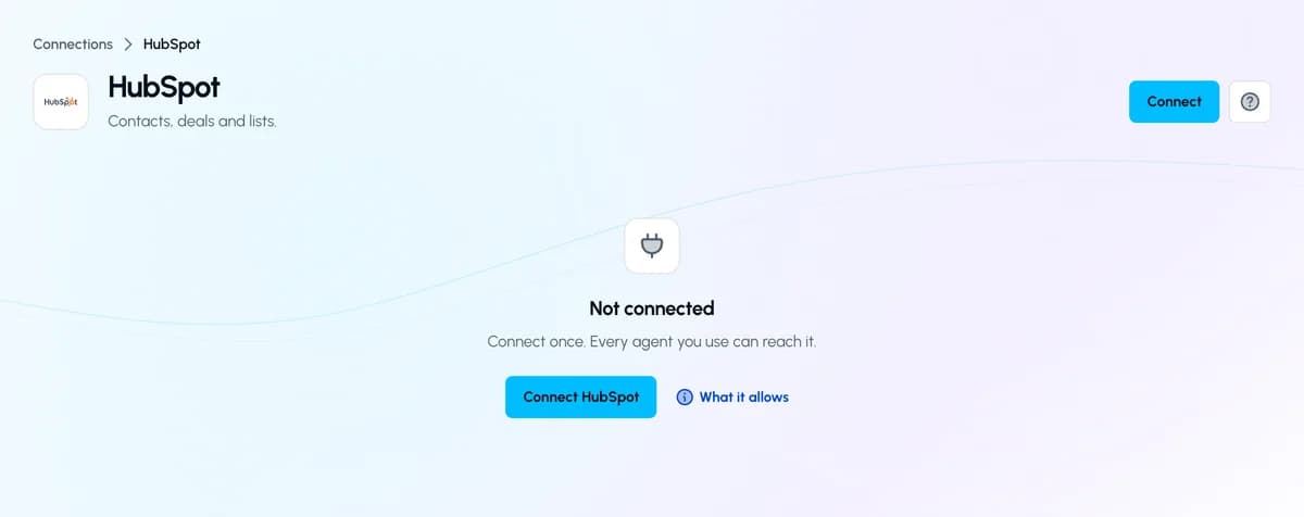 The HubSpot page in ApexGenius before you connect, with the Connect button in the header and the Not connected empty state.