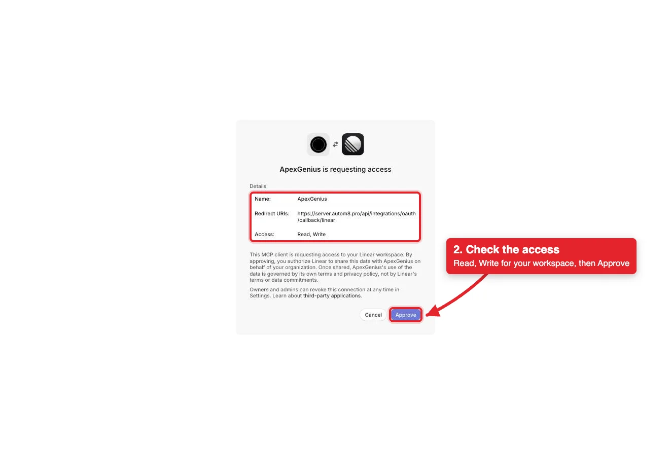 The full Linear consent page, ApexGenius is requesting access, with red boxes around the details table and the Approve button.