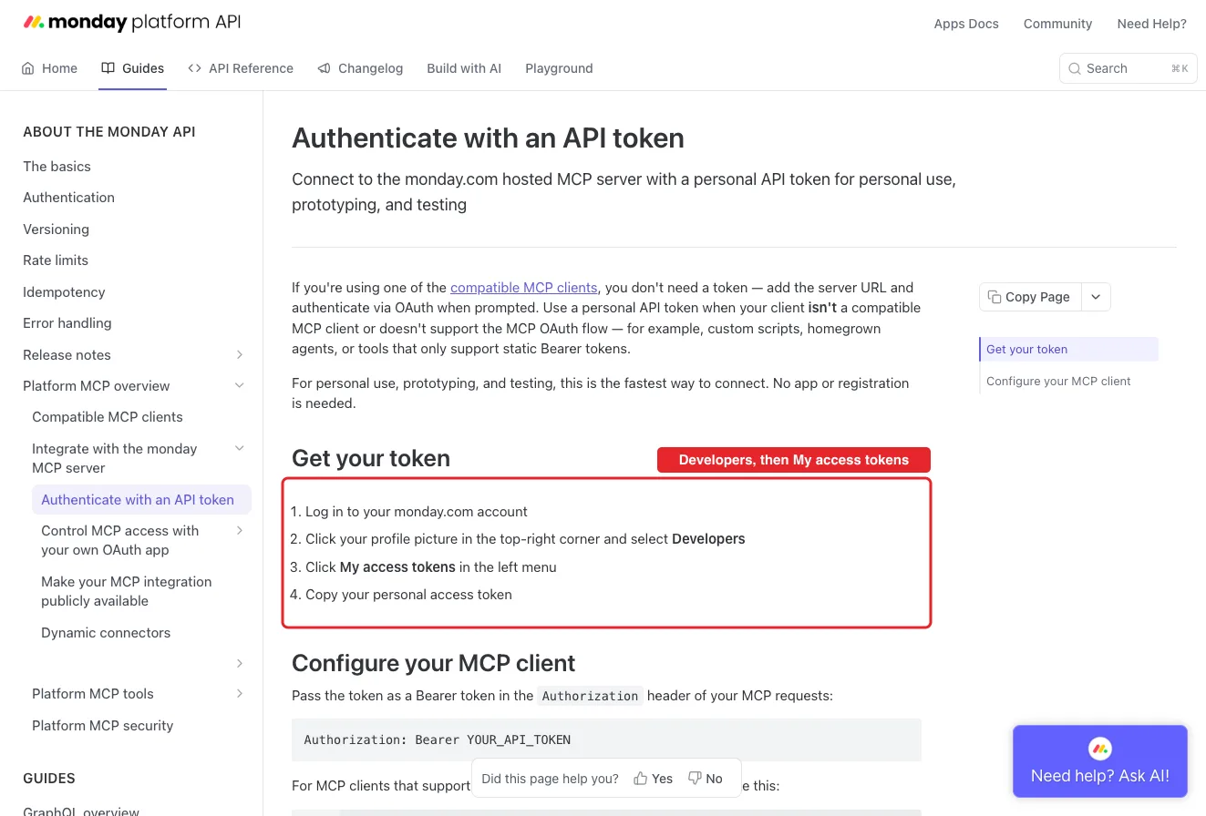 The full monday.com developer guide Authenticate with an API token, with a red box around the four Get your token steps.