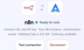 The actual n8n connection page in ApexGenius, showing its saved connection status.