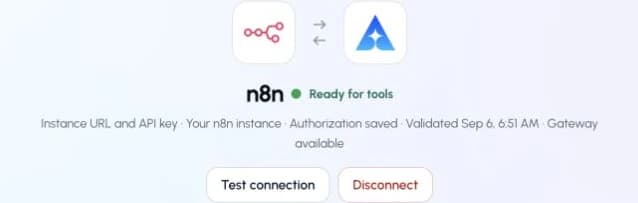 The actual n8n connection page in ApexGenius, showing its saved connection status.