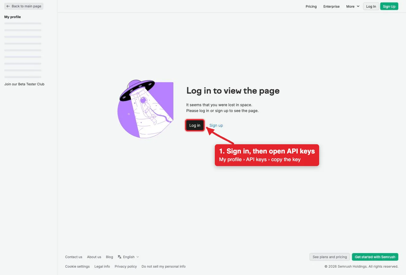 The full Semrush API keys page before sign-in, with a red box around Log in.