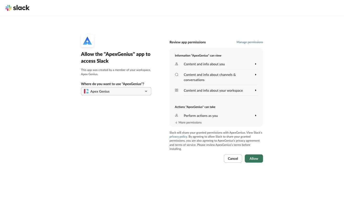 Slack's page titled Allow the ApexGenius app to access Slack, with a workspace picker on the left, the list of permissions on the right, and Cancel and Allow buttons.