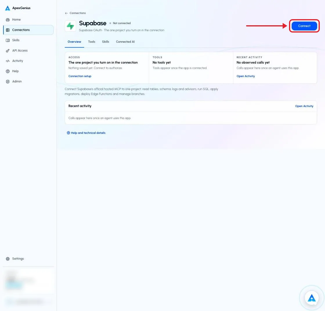 The full ApexGenius connection page for Supabase, marked Not connected, with a red box and arrow on the Connect button and the account email and credits blurred.