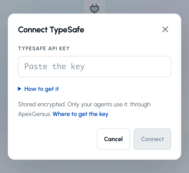 The Connect TypeSafe dialog in ApexGenius with the empty TypeSafe API key field, the How to get it link and the Connect button.