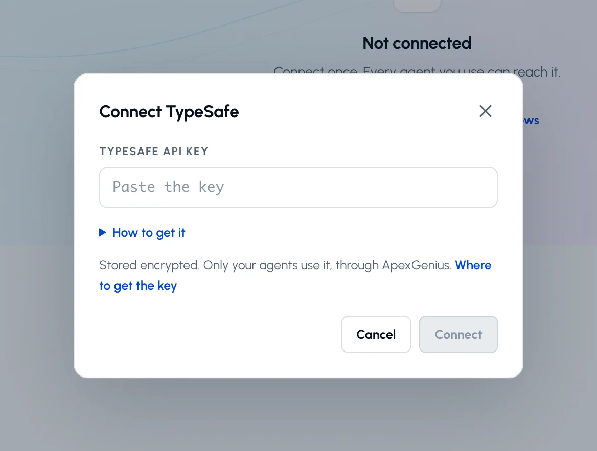 The Connect TypeSafe dialog in ApexGenius with the empty TypeSafe API key field, the How to get it link and the Connect button.