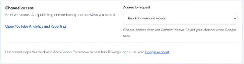 The real Channel access panel with Read channel and videos selected.