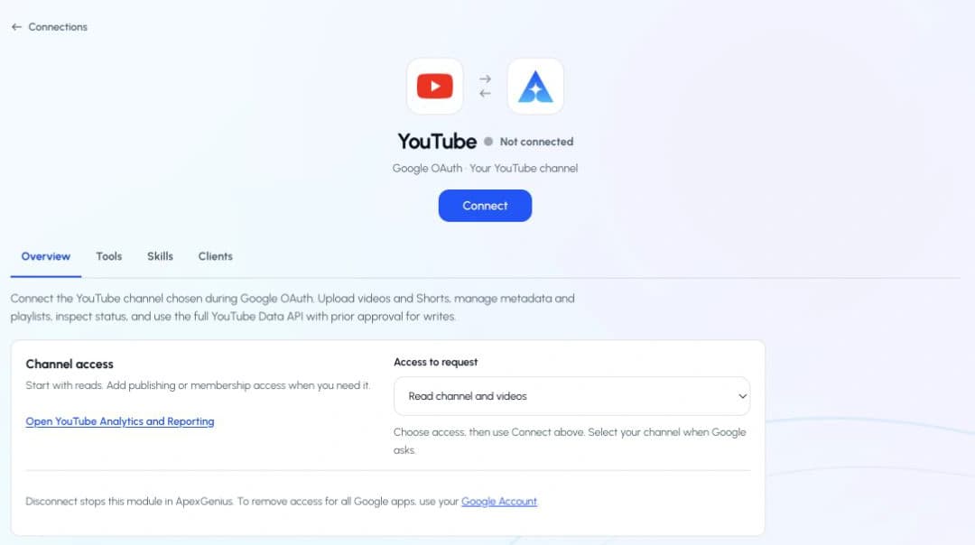The real YouTube module with its Connect button and Read channel and videos access selection.