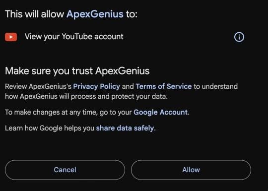 The real Google consent screen requesting View your YouTube account, with Cancel and Allow.