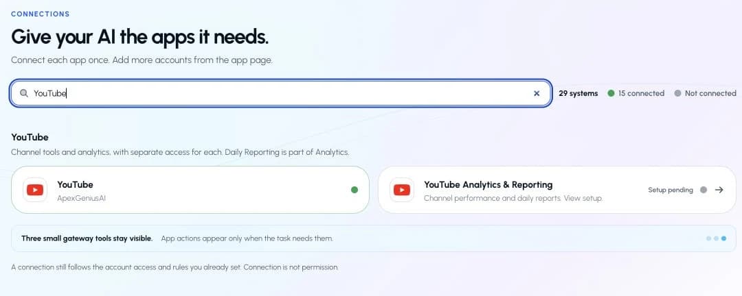 The real Connections page showing YouTube and YouTube Analytics & Reporting as separate modules in the YouTube group.
