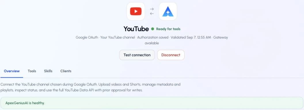 The real connection test returning ApexGeniusAI is healthy, with authorization saved and a validation time.