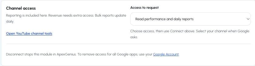 Channel access with Read performance and daily reports selected.