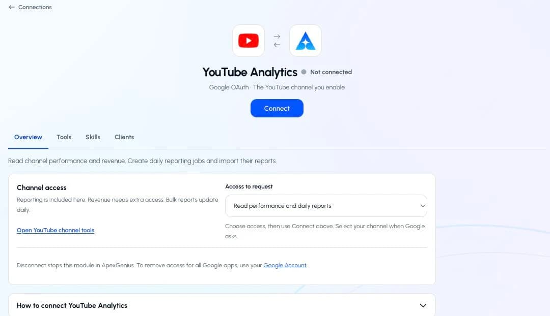 The real YouTube Analytics module with its Connect button and performance access selected.