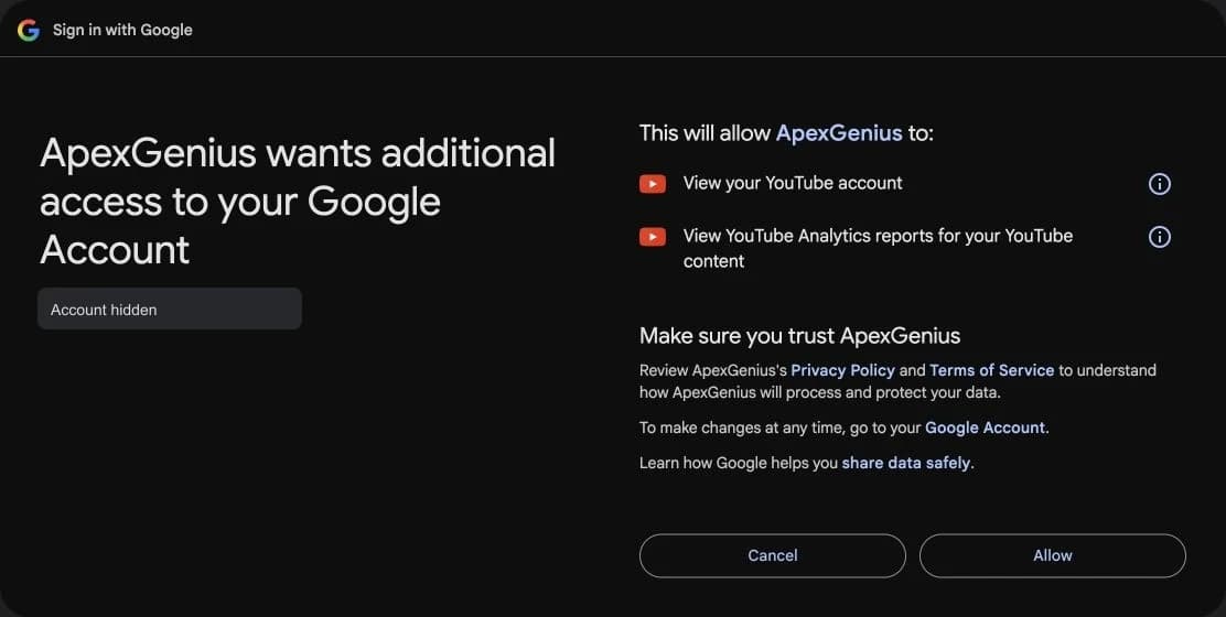 Google requesting View your YouTube account and View YouTube Analytics reports for your YouTube content. The account identity is hidden.