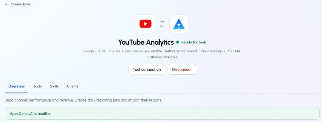 The real Analytics connection returning ApexGeniusAI is healthy, with authorization saved and a validation time.