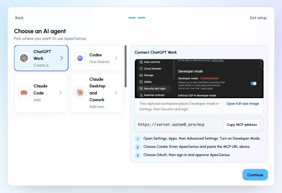 ApexGenius Start with ChatGPT Work selected, the MCP address to copy, and the short setup steps.