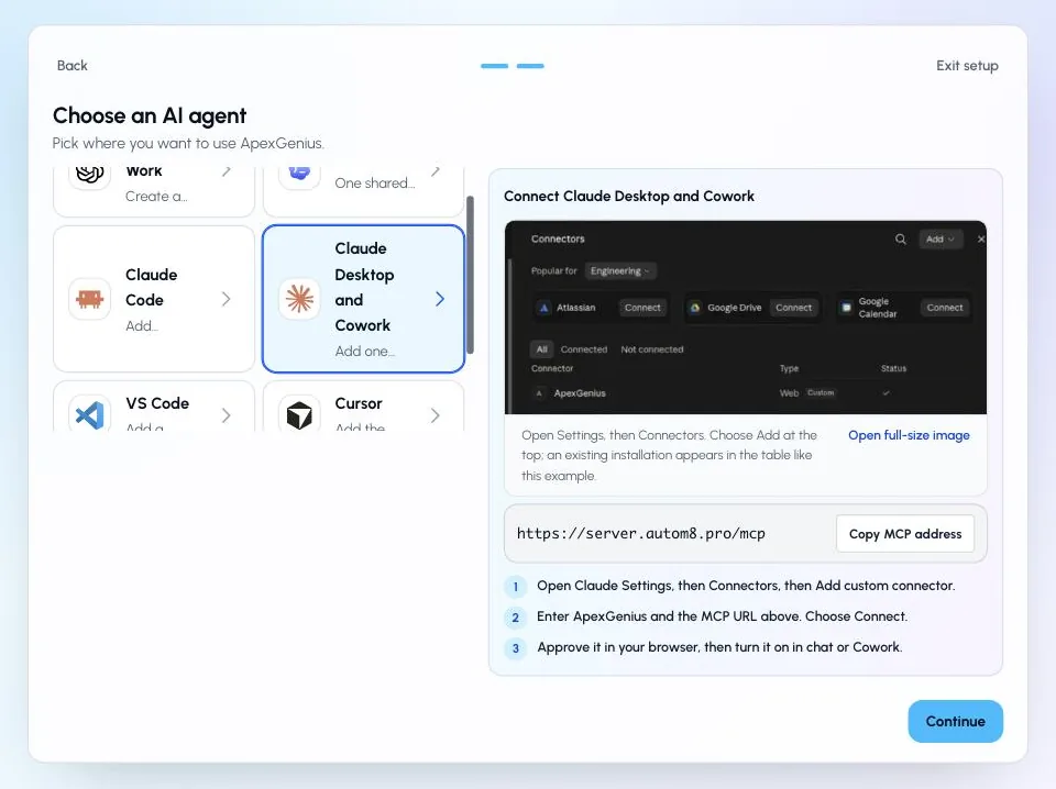ApexGenius Start with Claude Desktop and Cowork selected, the MCP address to copy, and the short setup steps.