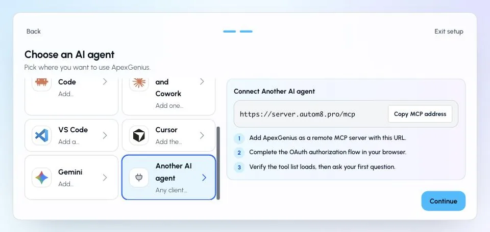 ApexGenius Start with Another AI agent selected, the MCP address to copy, and the short setup steps.