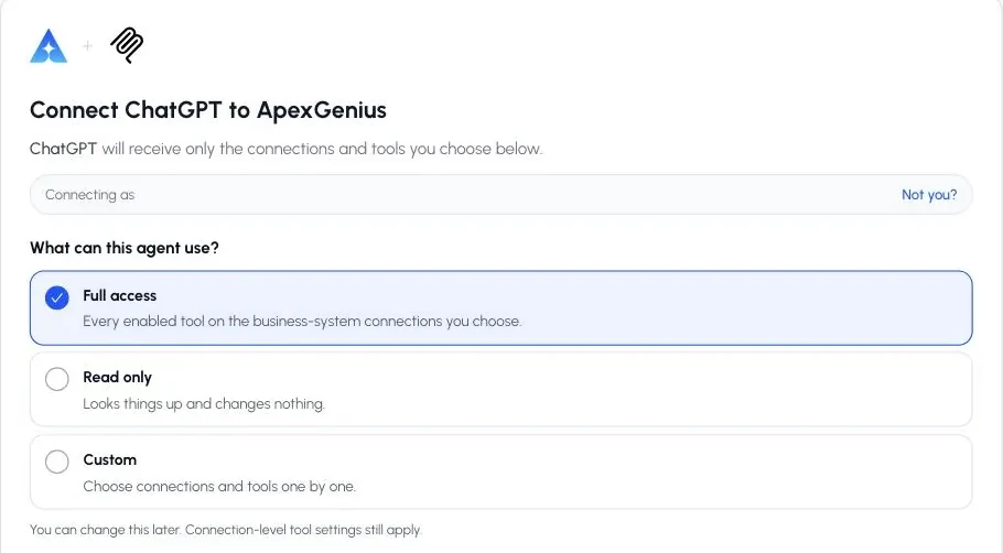 The ApexGenius authorization screen for ChatGPT with the Full access, Read only, and Custom choices.
