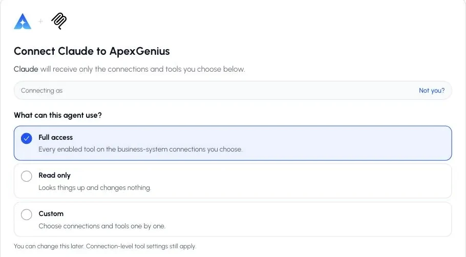 The ApexGenius authorization screen for Claude with the Full access, Read only, and Custom choices.