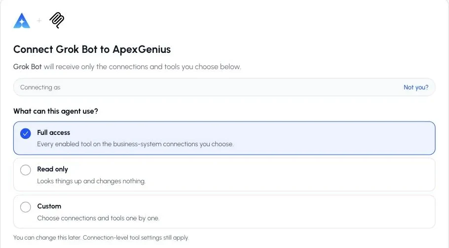 The ApexGenius authorization screen for Grok Bot with the Full access, Read only, and Custom choices.