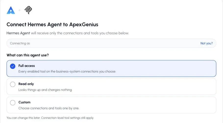 The ApexGenius authorization screen for Hermes Agent with the Full access, Read only, and Custom choices.