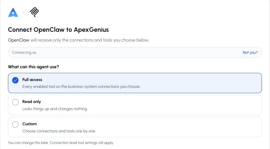 The ApexGenius authorization screen for OpenClaw with the Full access, Read only, and Custom choices.